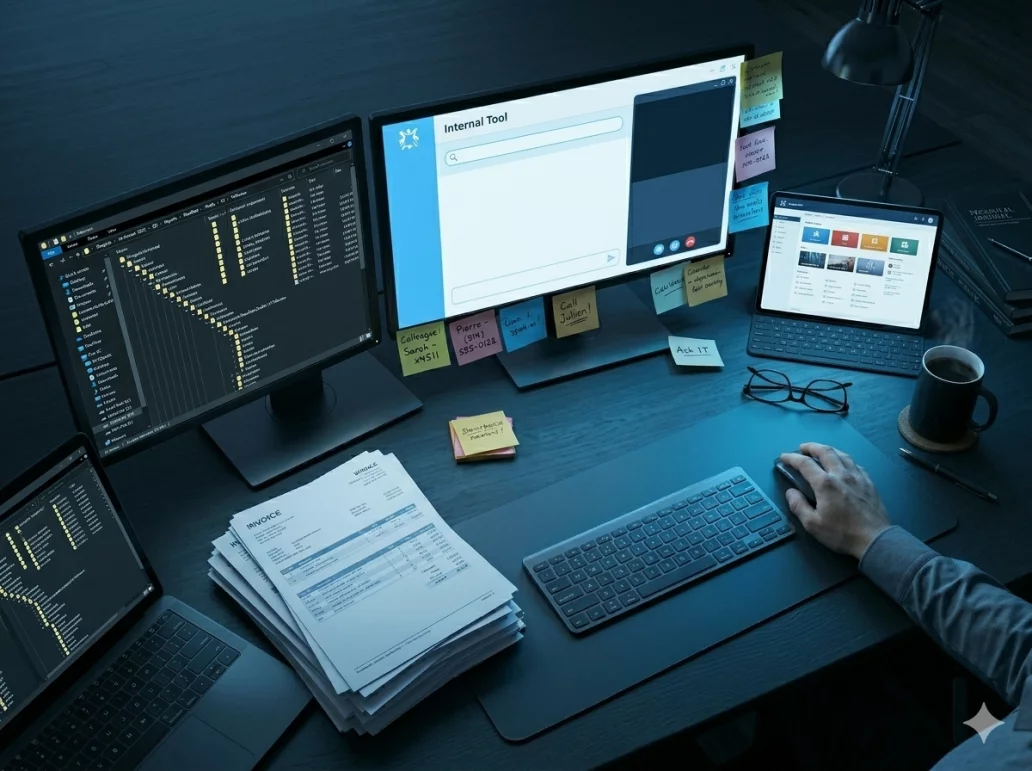 Illustration of an employee searching for information across multiple systems