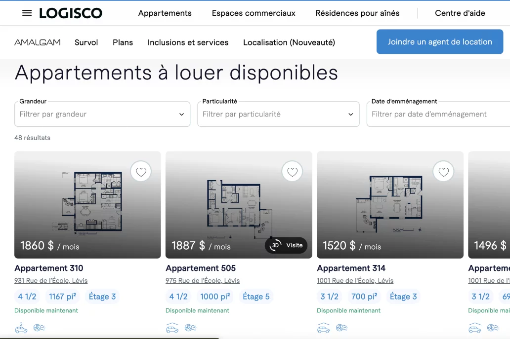 Interface de recherche d'appartements Logisco avec filtres et disponibilités
